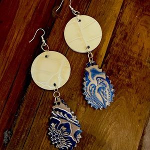 Handmade Genuine Italian Leather Embossed teardrop circle earrings. NEW